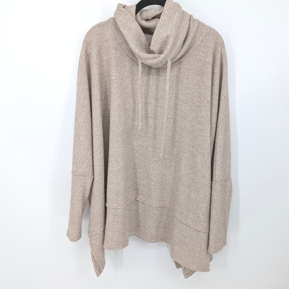 Oversized‎ Poncho Sweater Womens Large Beige Waffle Knit Cowl Neck Dolman Sleeve